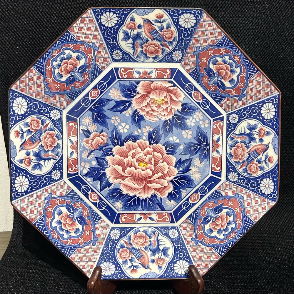 vintage Toyo Japan Hand Painted plate 12.5” Plate Pink/Red Flowers Birds